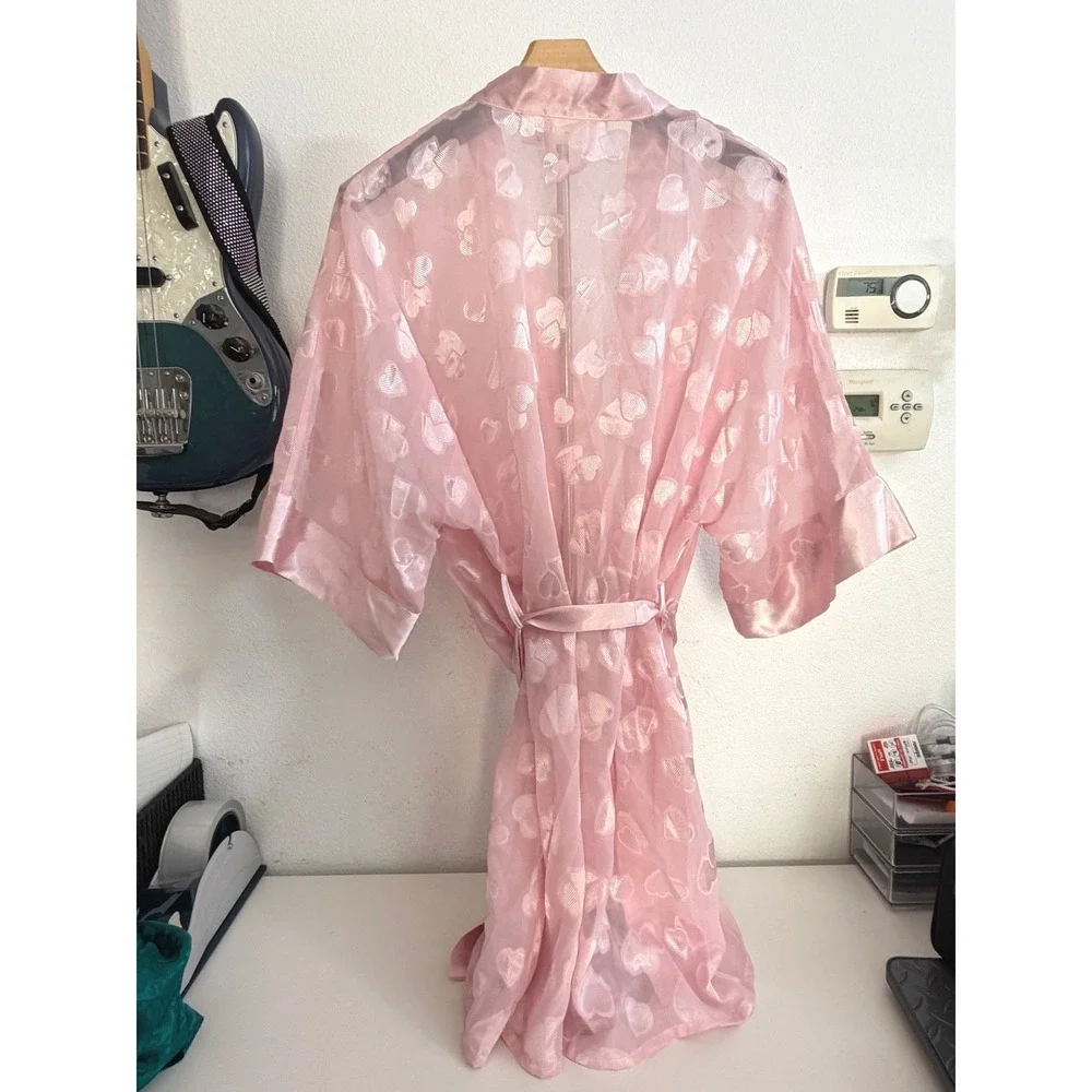 Fredericks of Hollywood Pink Sheer Heart Jacquard Robe Kimono Satin Trim Medium
